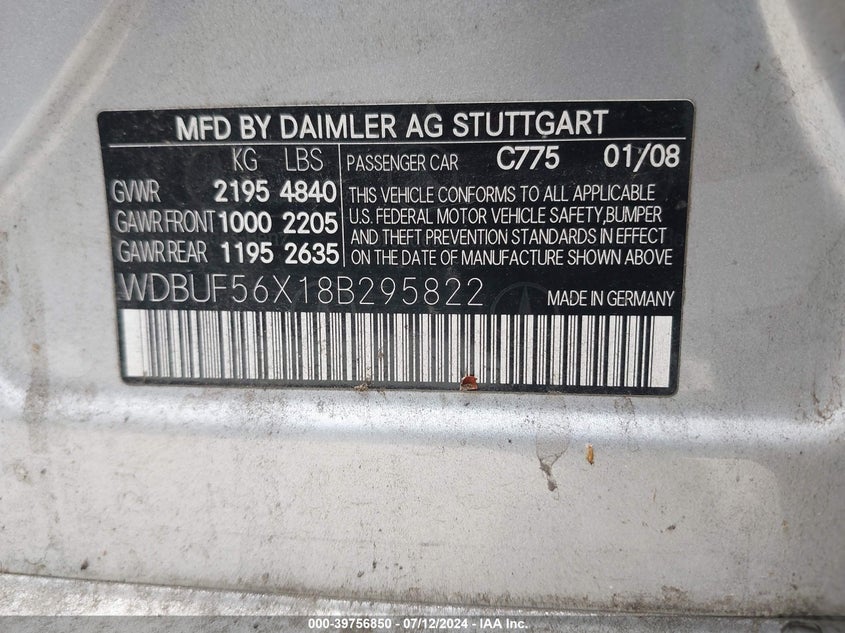 2008 Mercedes-Benz E 350 VIN: WDBUF56X18B295822 Lot: 39756850