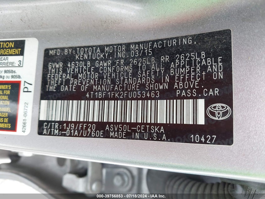 2015 TOYOTA CAMRY SE - 4T1BF1FK2FU053463