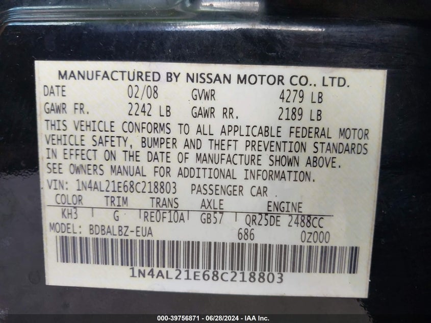2008 Nissan Altima 2.5 S VIN: 1N4AL21E68C218803 Lot: 39756871