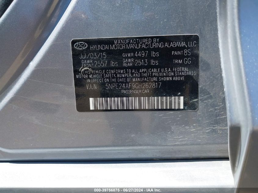 2016 Hyundai Sonata Se VIN: 5NPE24AF9GH262817 Lot: 39756875