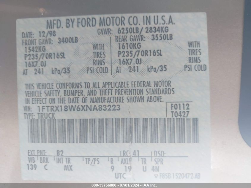 1999 Ford F-150 Lariat/Work Series/Xl/Xlt VIN: 1FTRX18W6XNA83223 Lot: 39756880