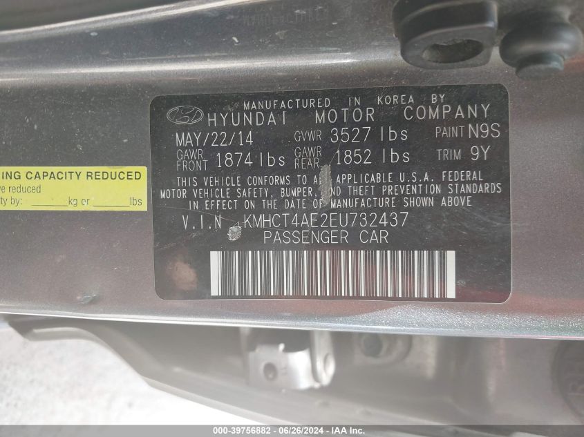 2014 Hyundai Accent Gls VIN: KMHCT4AE2EU732437 Lot: 39756882