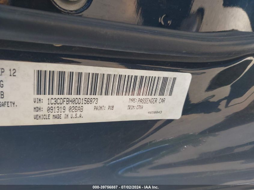 2013 Dodge Dart Rallye VIN: 1C3CDFBH0DD156873 Lot: 39756887