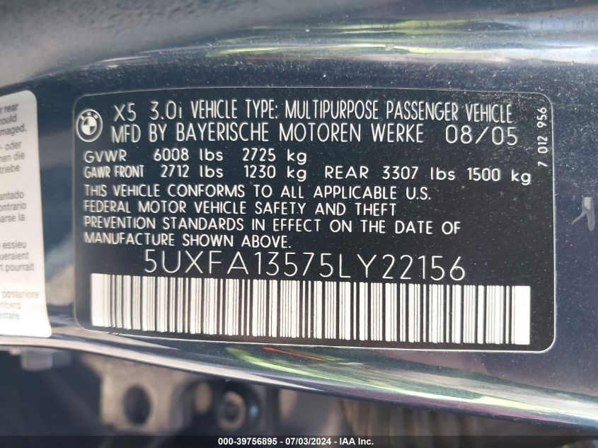2005 BMW X5 3.0I VIN: 5UXFA13575LY22156 Lot: 39756895