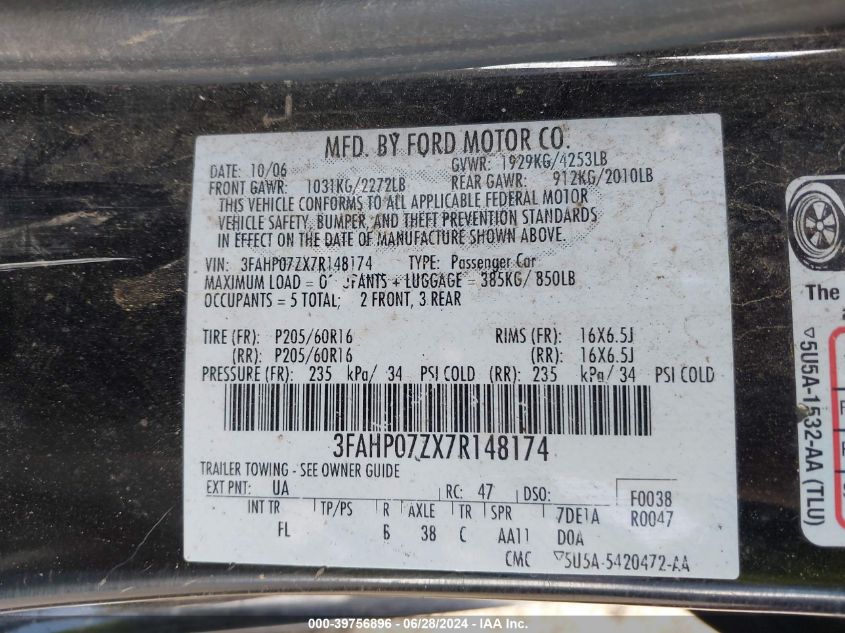 2007 Ford Fusion Se VIN: 3FAHP07ZX7R148174 Lot: 39756896