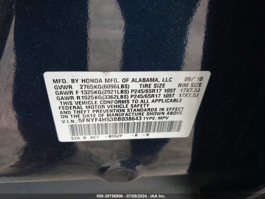 2011 Honda Pilot Ex-L VIN: 5FNYF4H53BB038643 Lot: 39756906