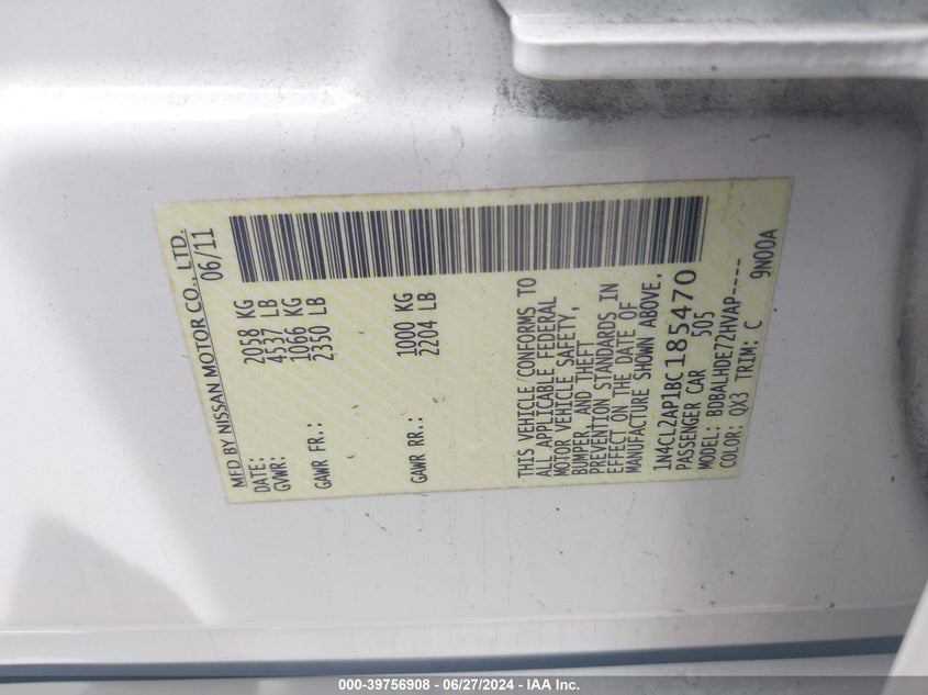 2011 Nissan Altima Hybrid VIN: 1N4CL2AP1BC185470 Lot: 39756908