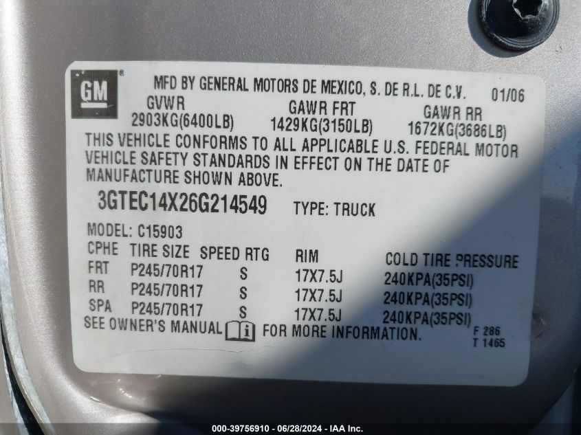 2006 GMC Sierra 1500 Work Truck VIN: 3GTEC14X26G214549 Lot: 39756910