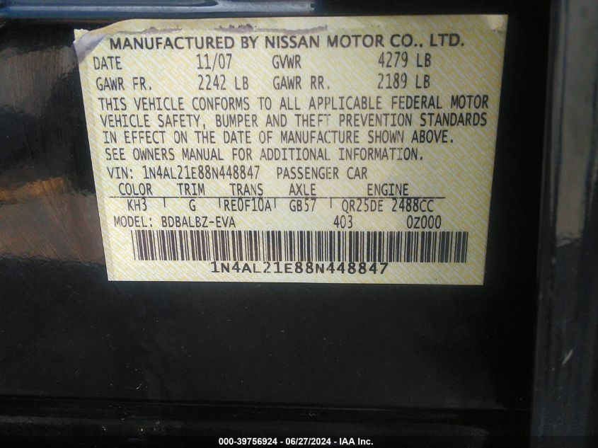 1N4AL21E88N448847 | 2008 NISSAN ALTIMA