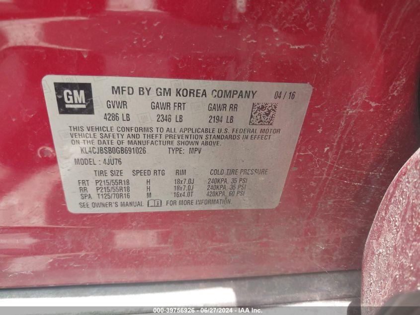 2016 Buick Encore Convenience VIN: KL4CJBSB0GB691026 Lot: 39756926