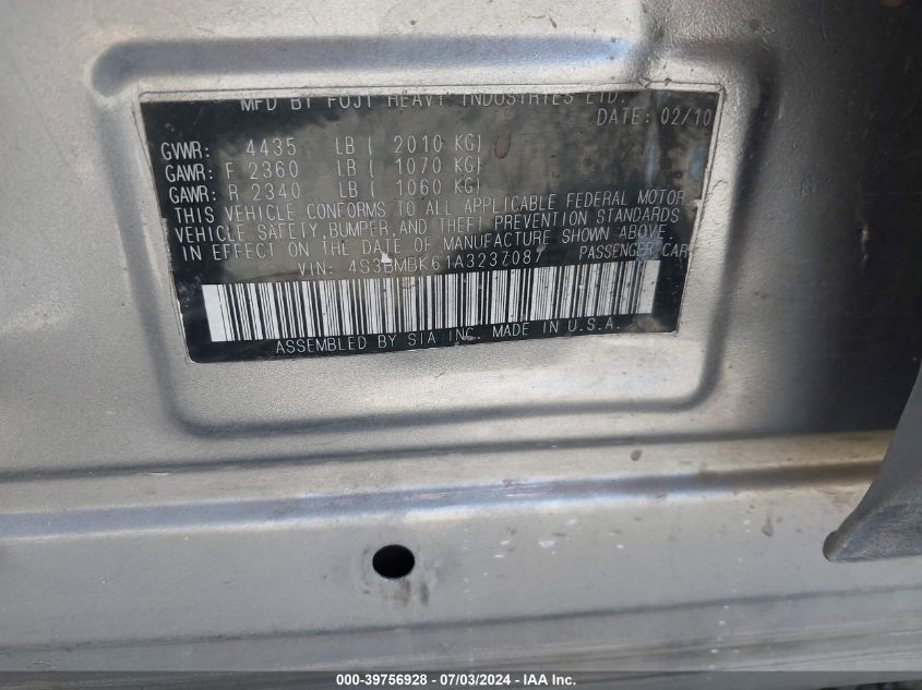 2010 Subaru Legacy 2.5I Limited VIN: 4S3BMBK61A3237087 Lot: 39756928