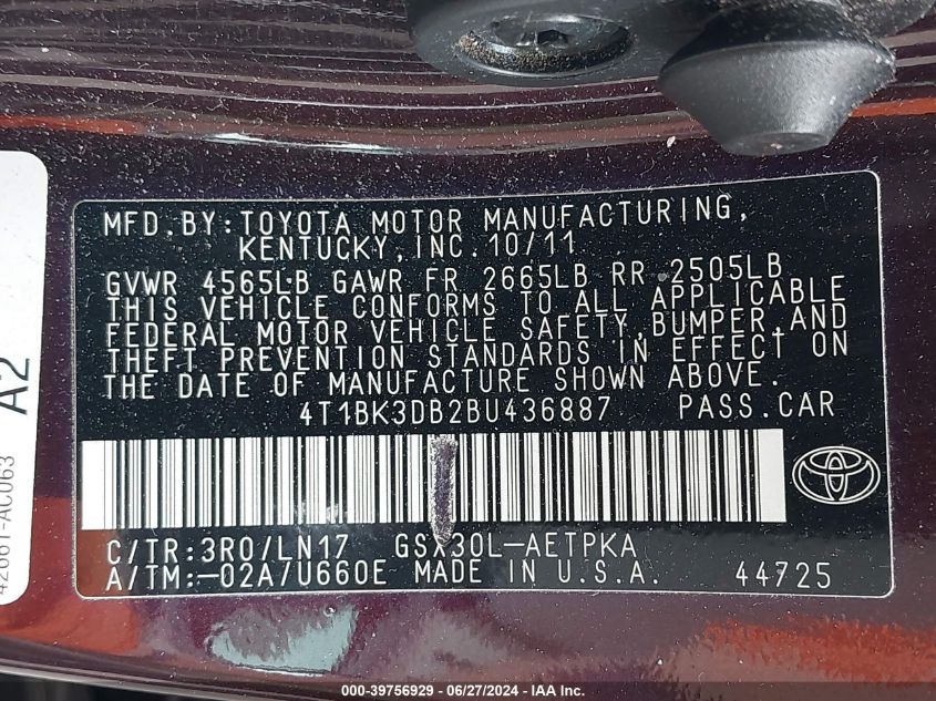 2011 Toyota Avalon Limited VIN: 4T1BK3DB2BU436887 Lot: 39756929