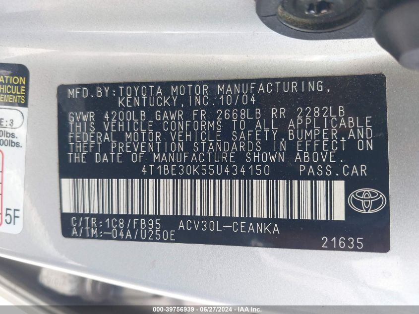 2005 Toyota Camry Le VIN: 4T1BE30K55U434150 Lot: 39756939