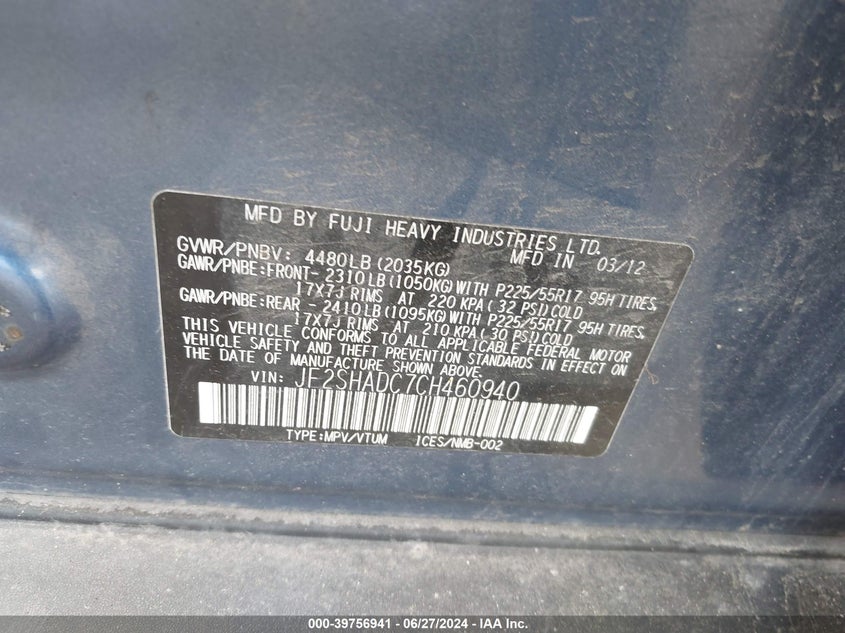 2012 Subaru Forester 2.5X Premium VIN: JF2SHADC7CH460940 Lot: 39756941