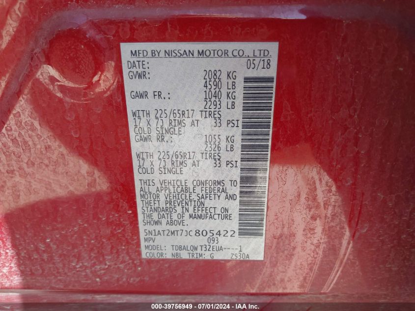 2018 Nissan Rogue Sv VIN: 5N1AT2MT7JC805422 Lot: 39756949