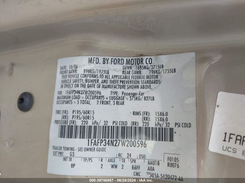 2007 Ford Focus S/Se/Ses VIN: 1FAFP34N27W200596 Lot: 39756957