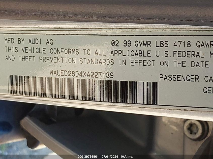 1999 Audi A4 2.8 VIN: WAUED28D4XA227139 Lot: 39756961
