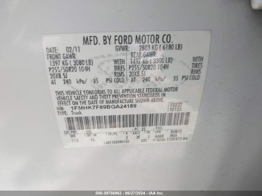 2011 Ford Explorer Limited VIN: 1FMHK7F89BGA24189 Lot: 39756962