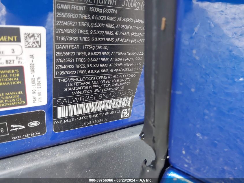 2022 Land Rover Range Rover Sport Hse Dynamic VIN: SALWR2SE8NA218475 Lot: 39756966