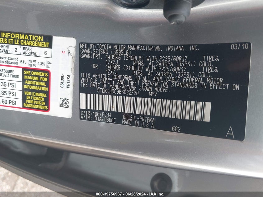 2011 Toyota Sienna Le V6 VIN: 5TDKK3DC9BS022720 Lot: 39756967