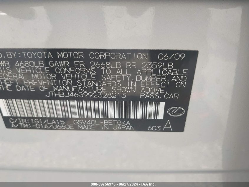 2009 Lexus Es 350 VIN: JTHBJ46G992328213 Lot: 39756975