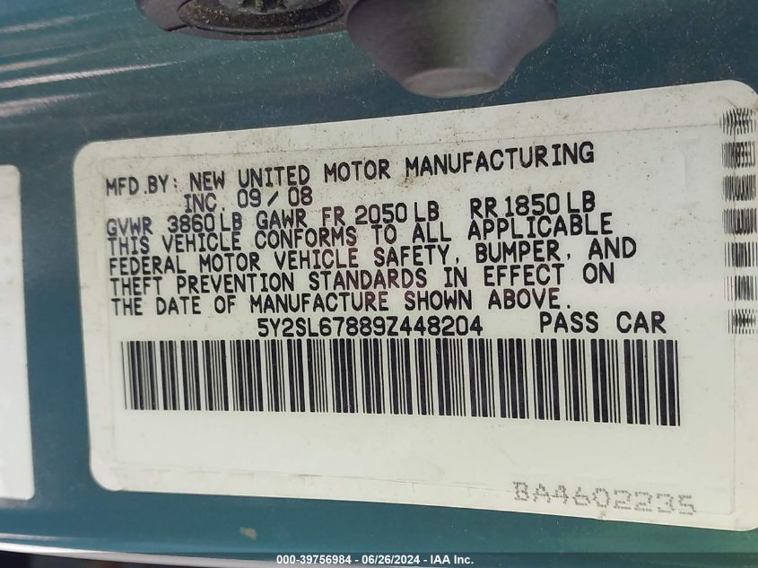 2009 Pontiac Vibe VIN: 5Y2SL67889Z448204 Lot: 39756984