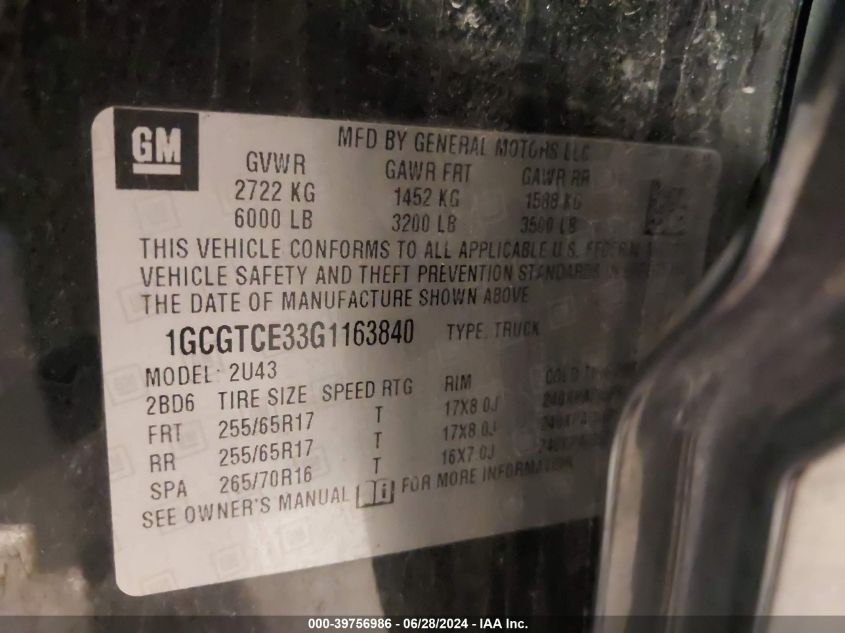 2016 Chevrolet Colorado Lt VIN: 1GCGTCE33G1163840 Lot: 39756986