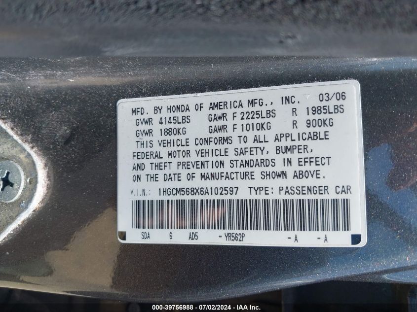 2006 Honda Accord 2.4 Ex VIN: 1HGCM568X6A102597 Lot: 39756988