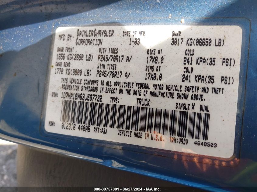 2003 Dodge Ram 1500 St/Slt VIN: 1D7HA18N63J597732 Lot: 39757001