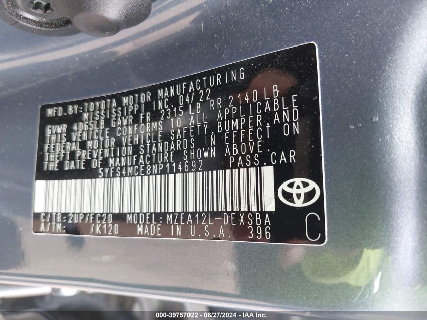 5YFS4MCE8NP114692 | 2022 TOYOTA COROLLA