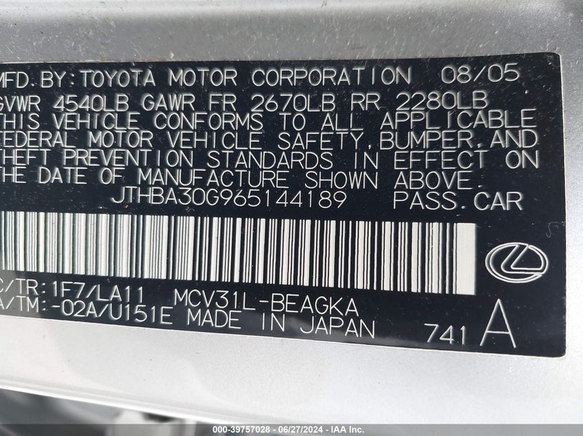 2006 Lexus Es 330 VIN: JTHBA30G965144189 Lot: 39757028