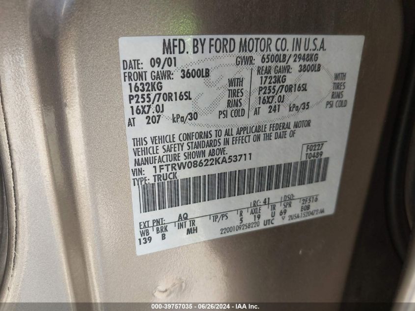 2002 Ford F-150 Lariat/Xlt VIN: 1FTRW08622KA53711 Lot: 39757035
