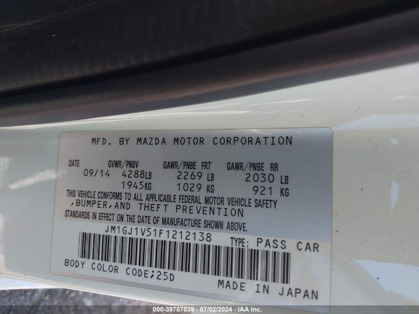 2015 Mazda Mazda6 I Touring VIN: JM1GJ1V51F1212138 Lot: 39757039