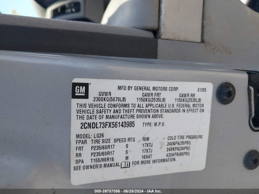 2005 Chevrolet Equinox Lt VIN: 2CNDL73FX56143985 Lot: 39757056