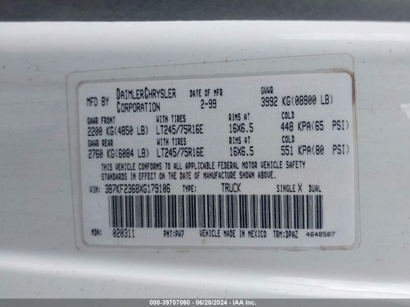 1999 Dodge Ram 2500 St VIN: 3B7KF2368XG179106 Lot: 39757060