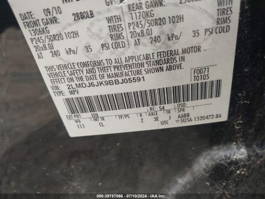 2011 Lincoln Mkx VIN: 2LMDJ6JK9BBJ05591 Lot: 39757066