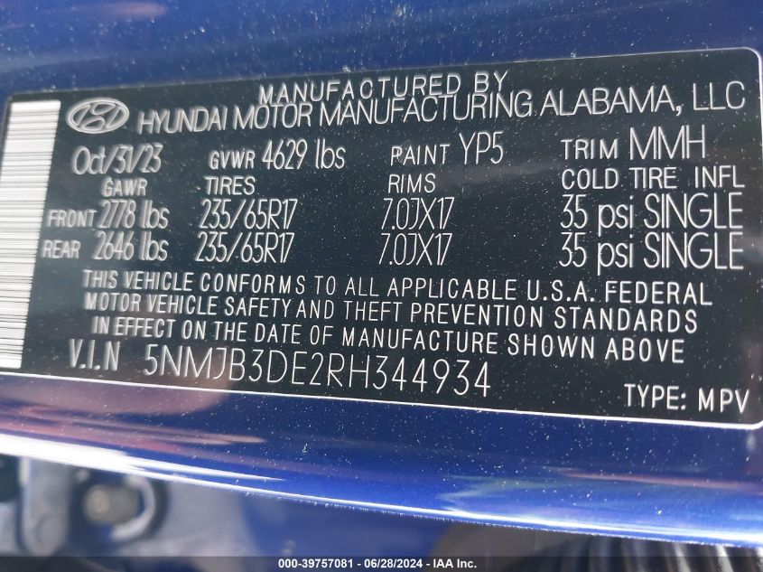 2024 Hyundai Tucson Sel VIN: 5NMJB3DE2RH344934 Lot: 39757081