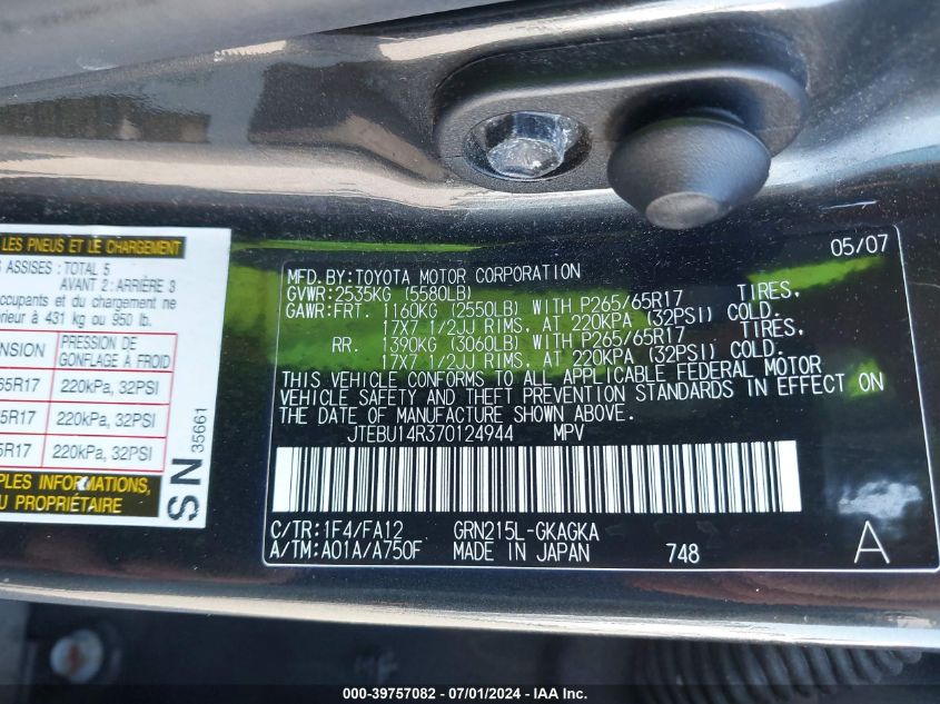 2007 Toyota 4Runner Sr5 V6 VIN: JTEBU14R370124944 Lot: 39757082