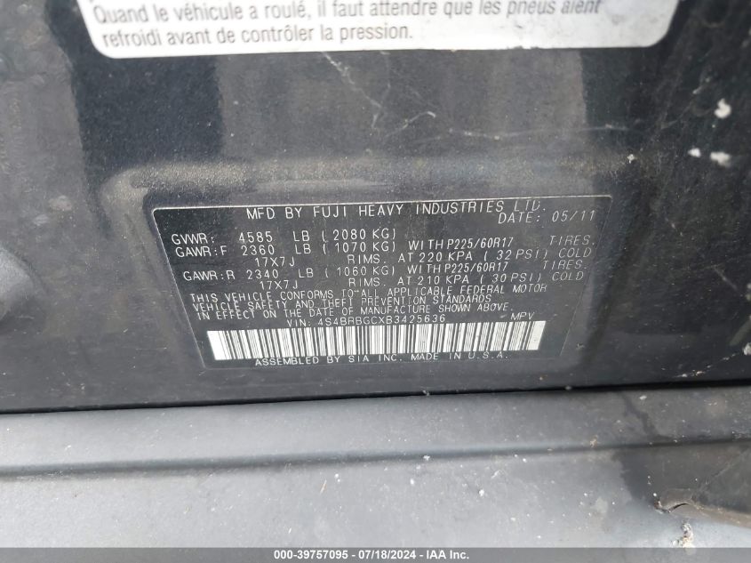 2011 Subaru Outback 2.5I Premium VIN: 4S4BRBGCXB3425635 Lot: 39757095