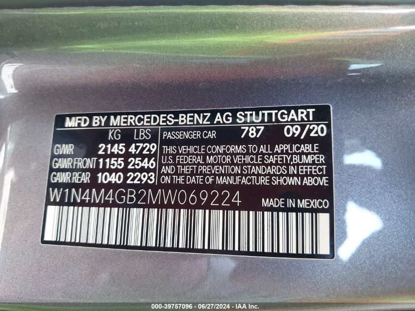 W1N4M4GB2MW069224 2021 Mercedes-Benz Glb 250