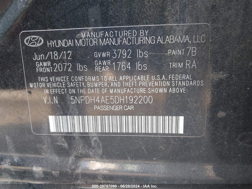 2013 Hyundai Elantra Gls/Limited VIN: 5NPDH4AE5DH192200 Lot: 39757098