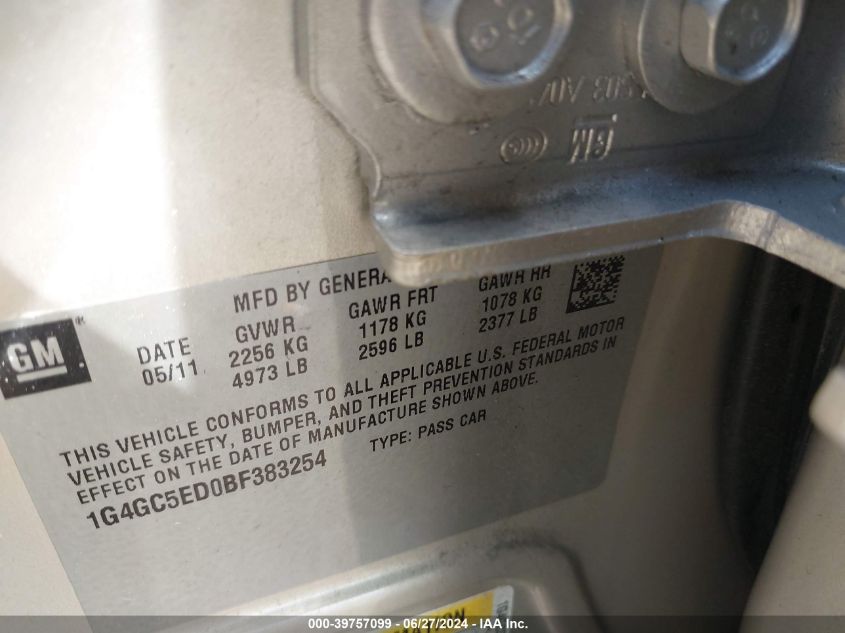 2011 Buick Lacrosse Cxl VIN: 1G4GC5ED0BF383254 Lot: 39757099