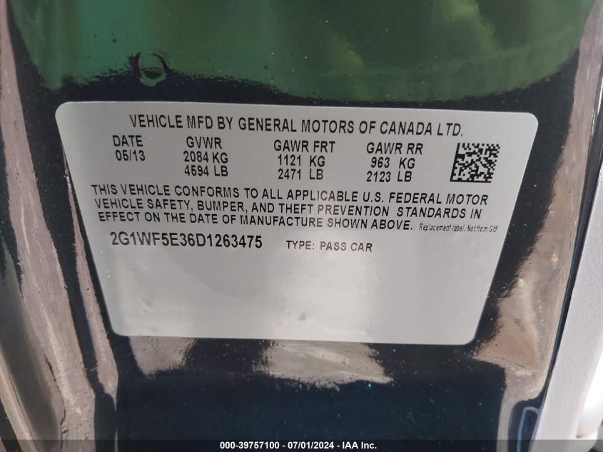 2013 Chevrolet Impala Ls VIN: 2G1WF5E36D1263475 Lot: 39757100