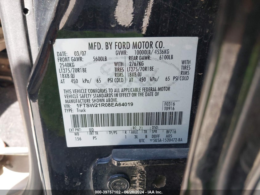 2008 Ford F250 Super Duty VIN: 1FTSW21R08EA64019 Lot: 39757102