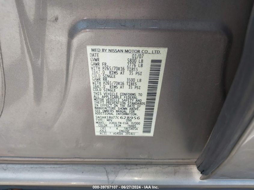 2007 Nissan Pathfinder Se VIN: 5N1AR18U77C628956 Lot: 39757107