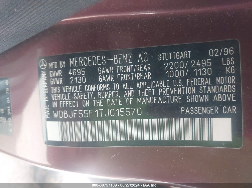 1996 Mercedes-Benz E 320 VIN: WDBJF55F1TJ015570 Lot: 39757109