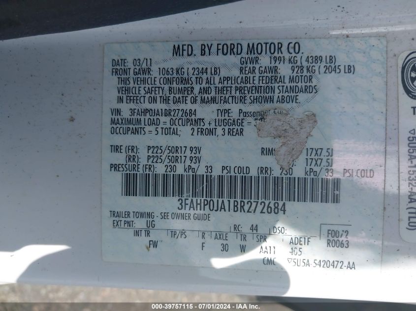 2011 Ford Fusion Sel VIN: 3FAHP0JA1BR272684 Lot: 39757115