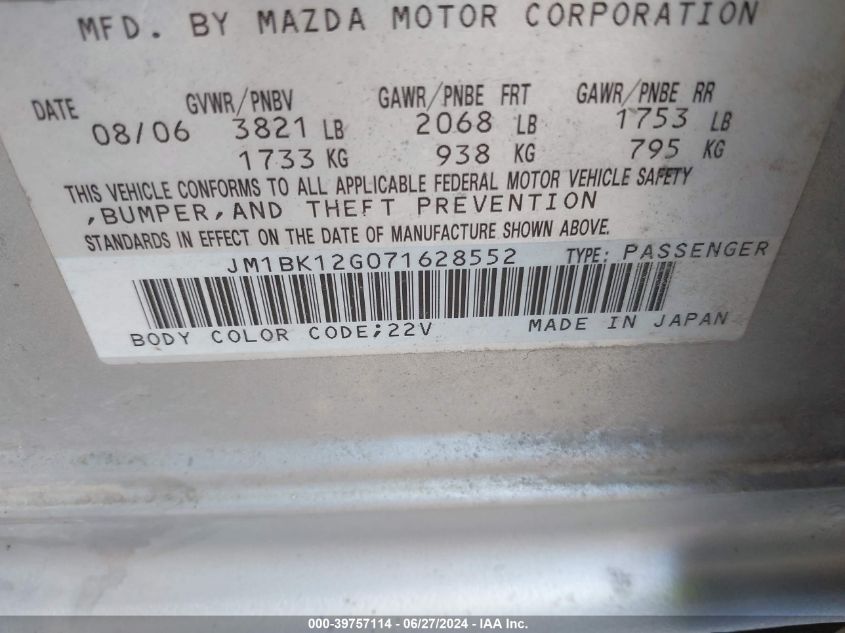2007 Mazda Mazda3 I VIN: JM1BK12G071628552 Lot: 39757114
