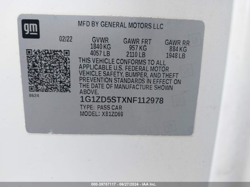 1G1ZD5STXNF112978 | 2022 CHEVROLET MALIBU