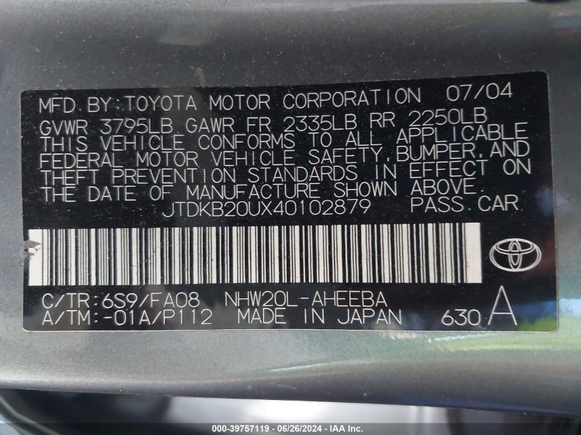 2004 Toyota Prius VIN: JTDKB20UX40102879 Lot: 39757119